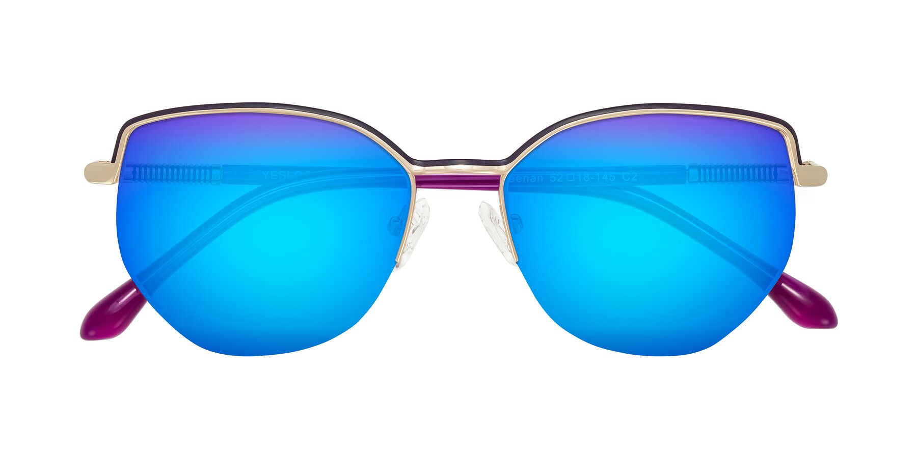 Folded Front of Heenan in Purple/Gold with Blue Mirrored Lenses