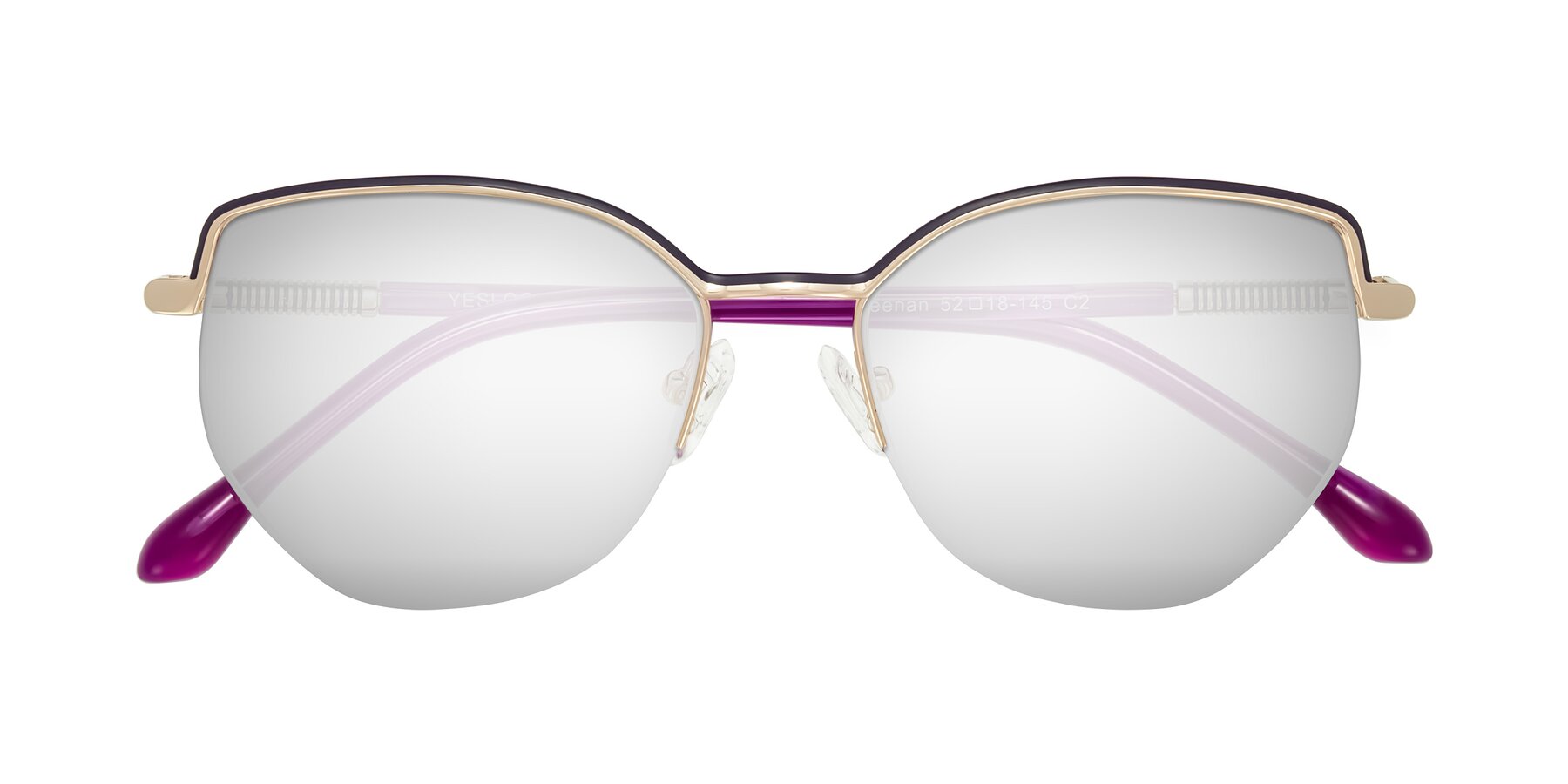 Folded Front of Heenan in Purple/Gold with Silver Mirrored Lenses