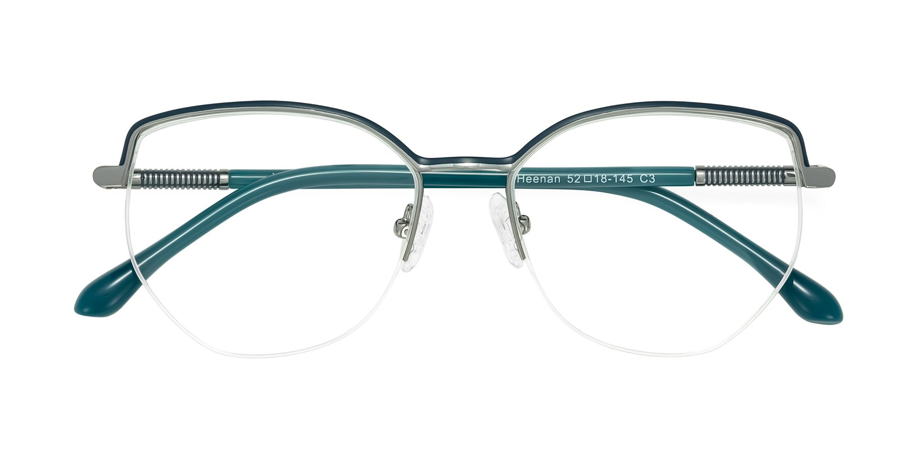Folded Front of Heenan in Teal/Silver with Clear Reading Eyeglass Lenses