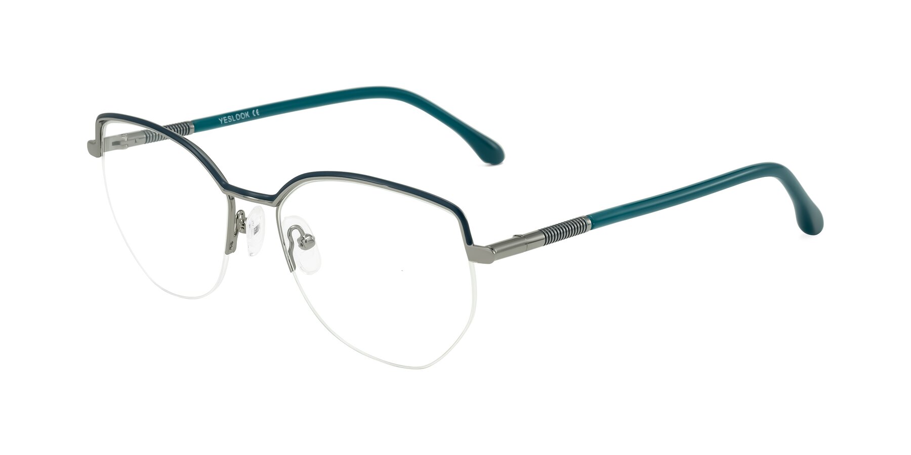 Angle of Heenan in Teal/Silver with Clear Reading Eyeglass Lenses