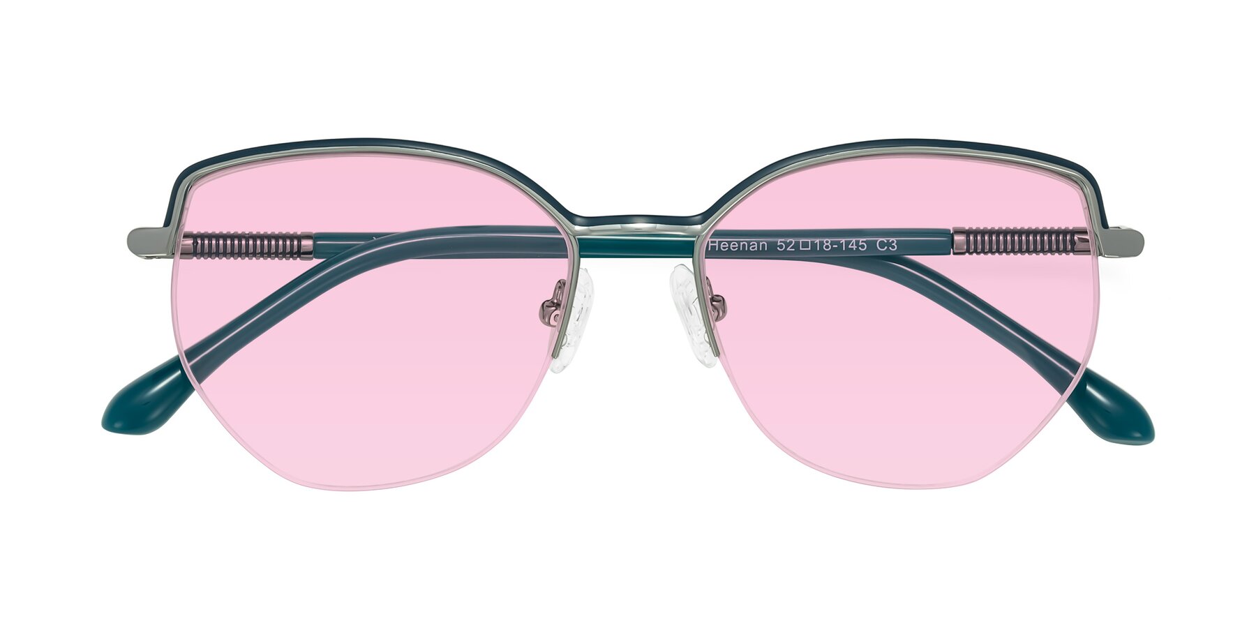 Folded Front of Heenan in Teal/Silver with Light Pink Tinted Lenses