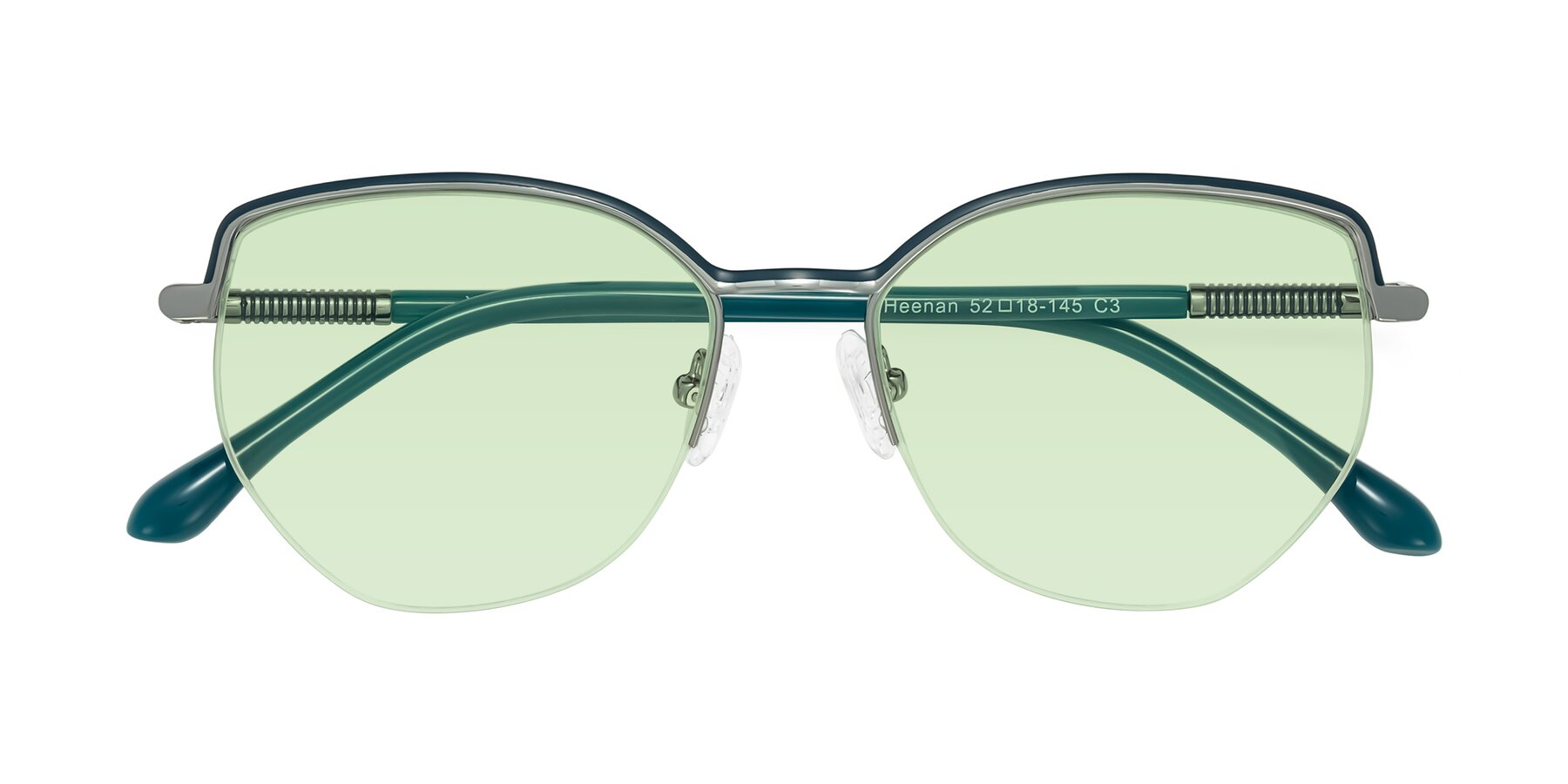 Folded Front of Heenan in Teal/Silver with Light Green Tinted Lenses