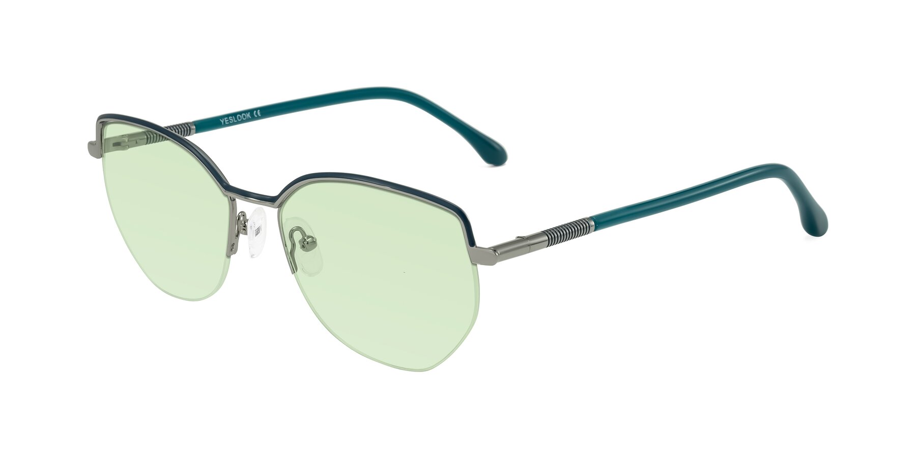 Angle of Heenan in Teal/Silver with Light Green Tinted Lenses