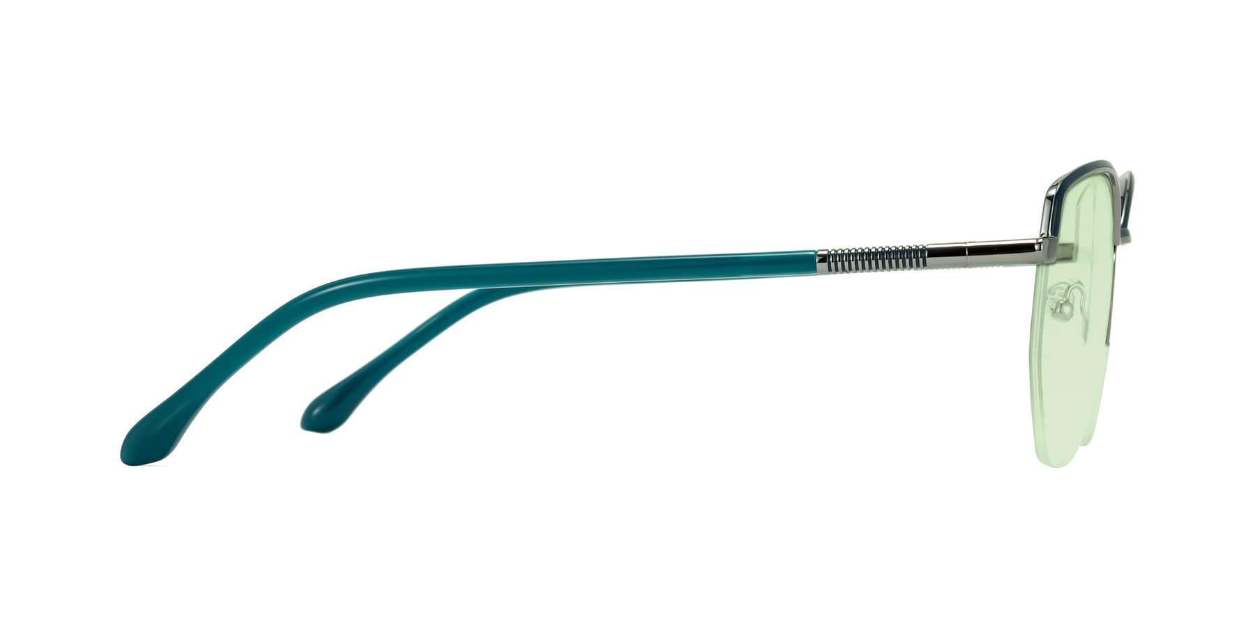 Side of Heenan in Teal/Silver with Light Green Tinted Lenses