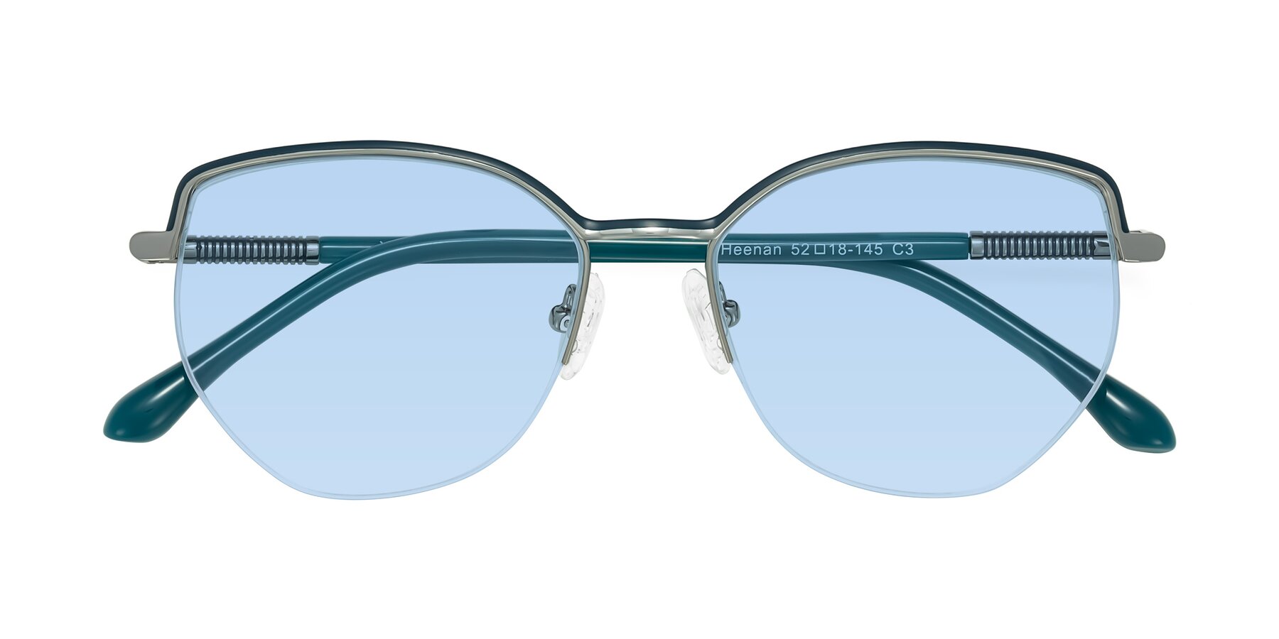 Folded Front of Heenan in Teal/Silver with Light Blue Tinted Lenses