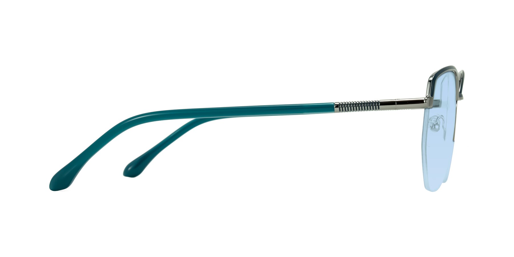 Side of Heenan in Teal/Silver with Light Blue Tinted Lenses