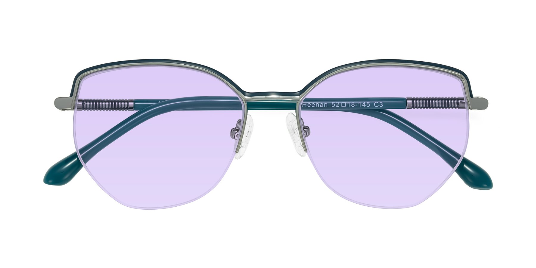 Folded Front of Heenan in Teal/Silver with Light Purple Tinted Lenses