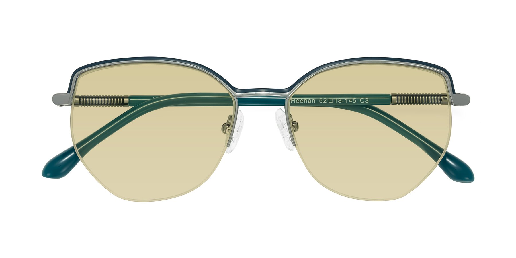Folded Front of Heenan in Teal/Silver with Light Champagne Tinted Lenses
