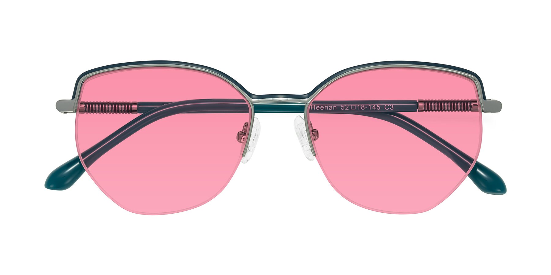 Folded Front of Heenan in Teal/Silver with Pink Tinted Lenses