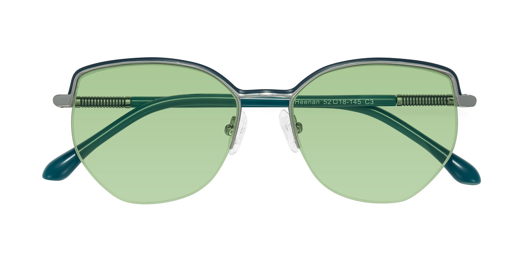 Folded Front of Heenan in Teal/Silver with Medium Green Tinted Lenses