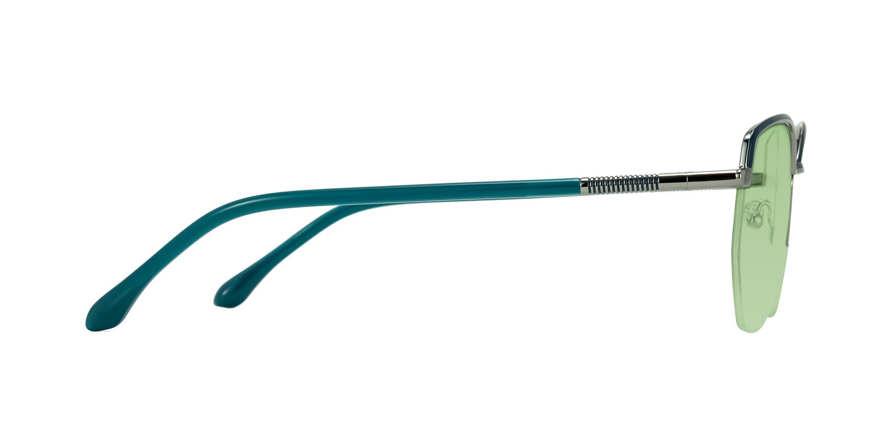 Side of Heenan in Teal/Silver with Medium Green Tinted Lenses