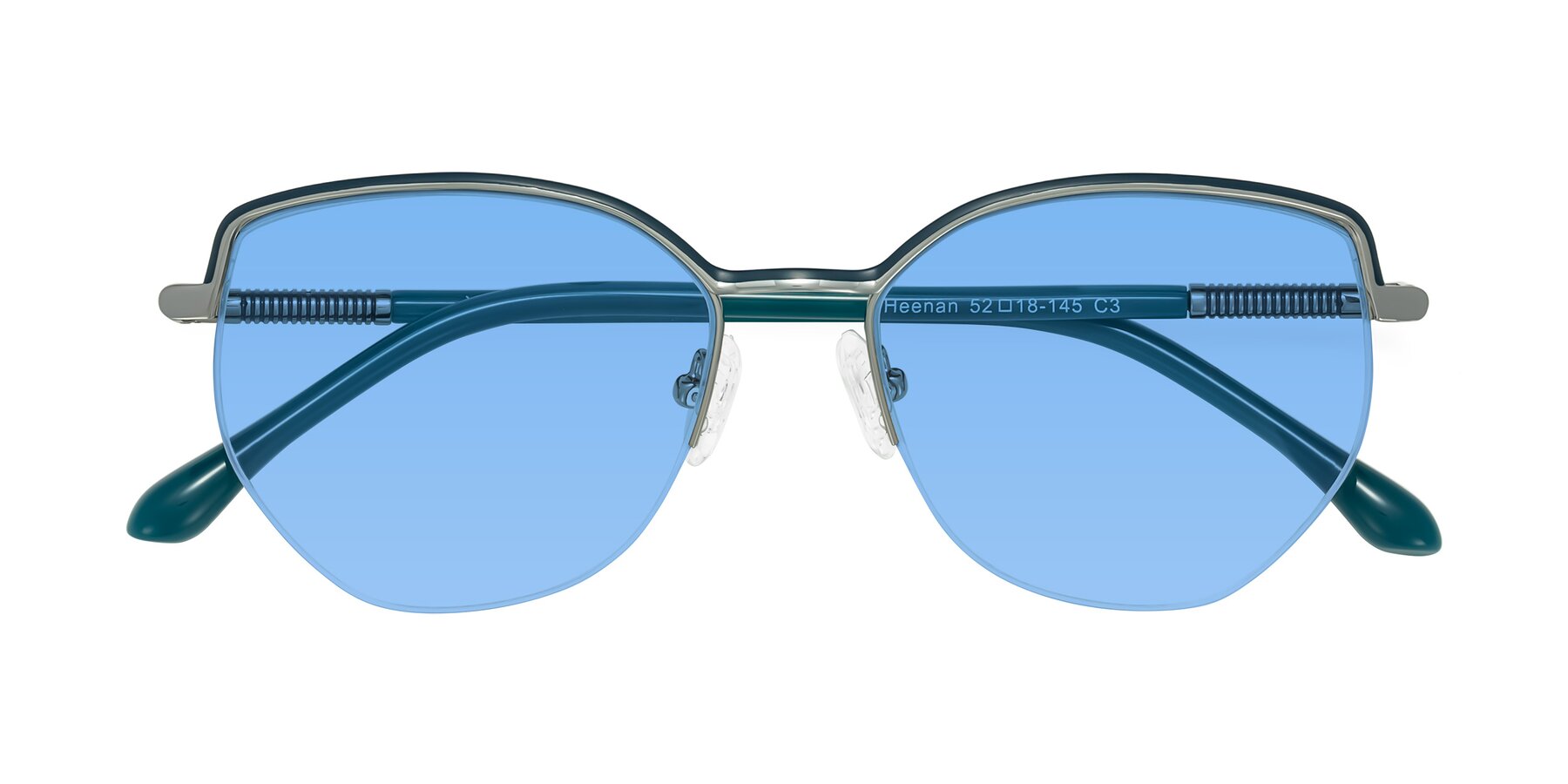 Folded Front of Heenan in Teal/Silver with Medium Blue Tinted Lenses