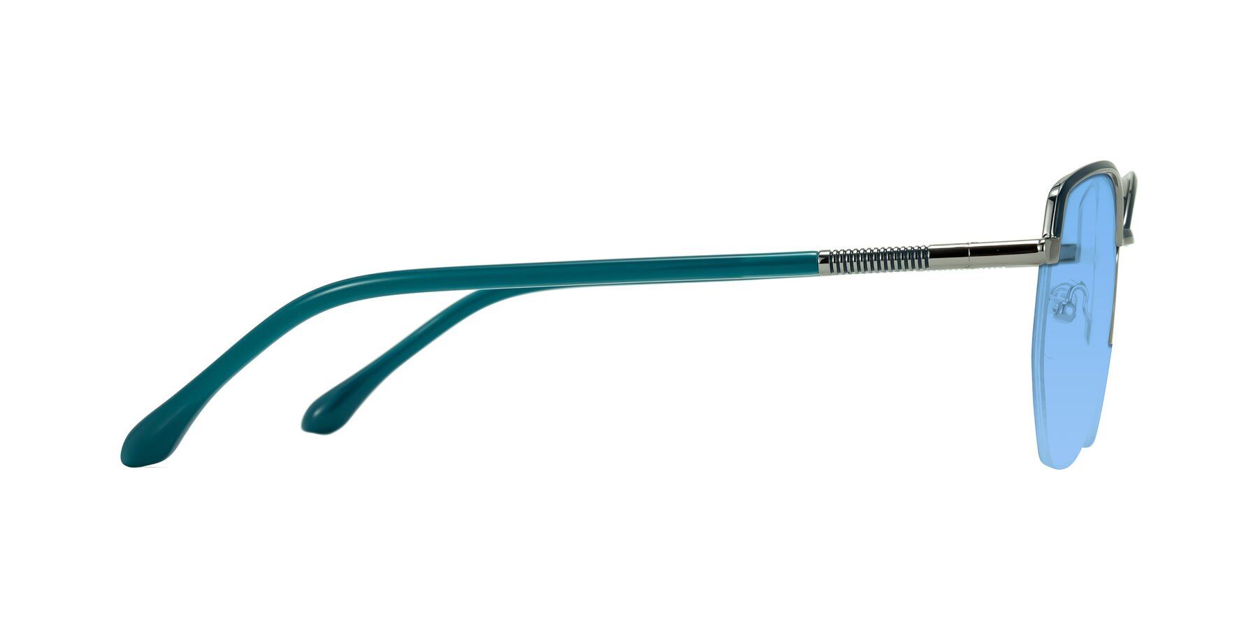 Side of Heenan in Teal/Silver with Medium Blue Tinted Lenses