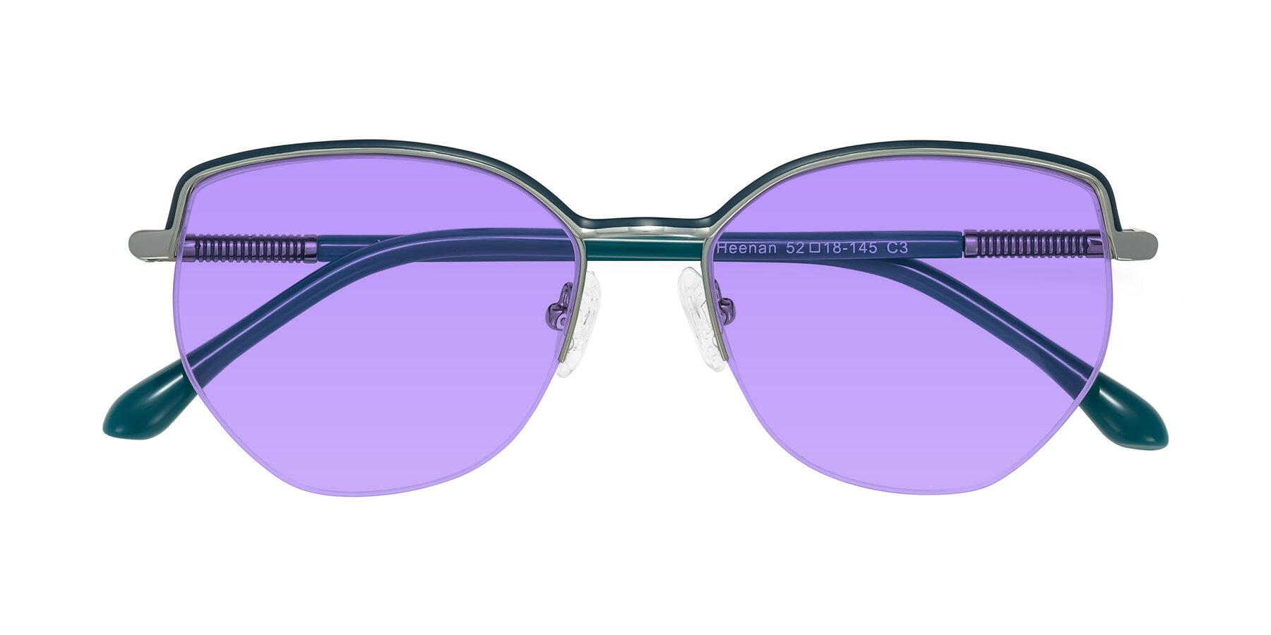Folded Front of Heenan in Teal/Silver with Medium Purple Tinted Lenses