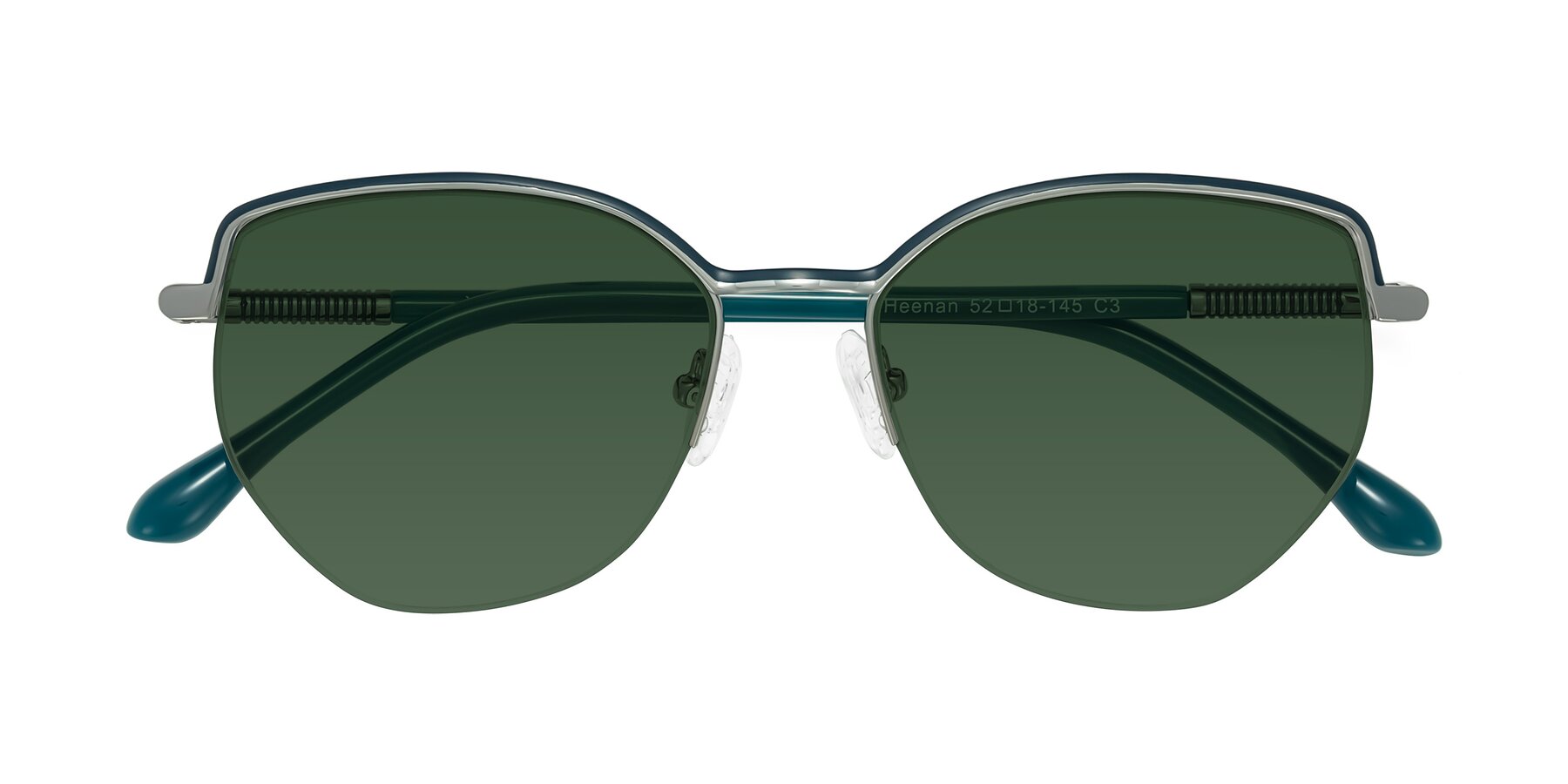 Folded Front of Heenan in Teal/Silver with Green Tinted Lenses
