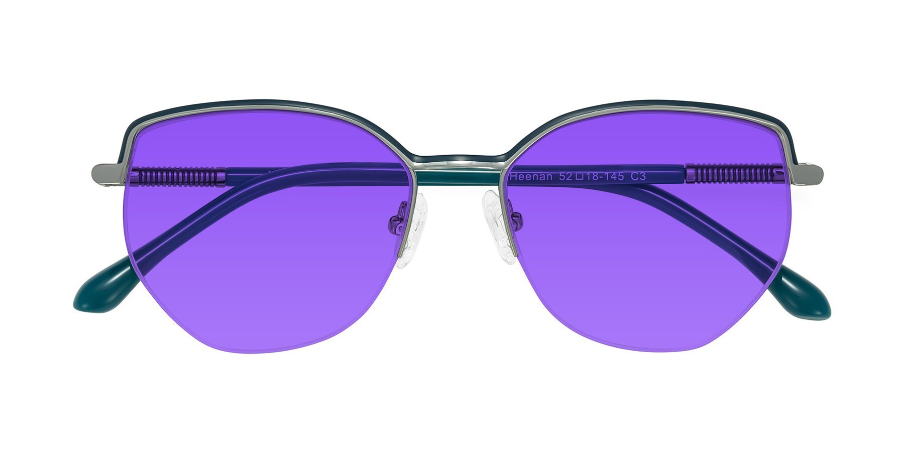 Folded Front of Heenan in Teal/Silver with Purple Tinted Lenses