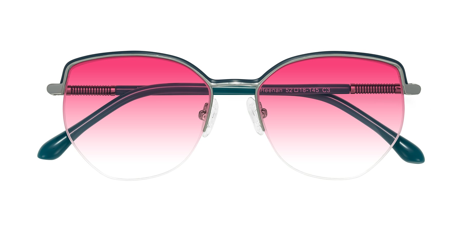 Folded Front of Heenan in Teal/Silver with Pink Gradient Lenses