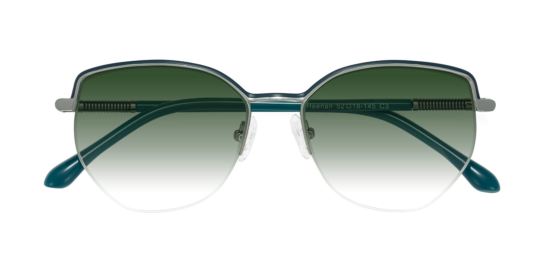 Folded Front of Heenan in Teal/Silver with Green Gradient Lenses