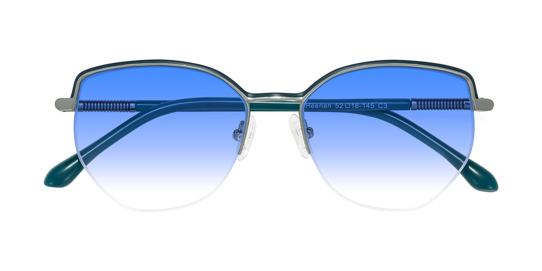 Folded Front of Heenan in Teal/Silver with Blue Gradient Lenses