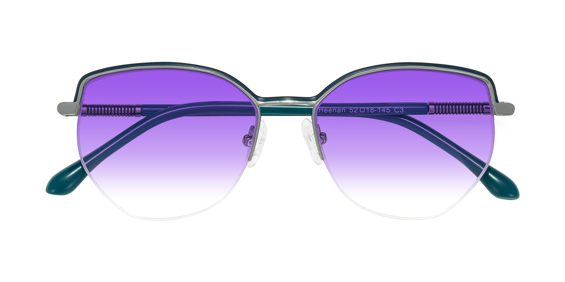 Folded Front of Heenan in Teal/Silver with Purple Gradient Lenses