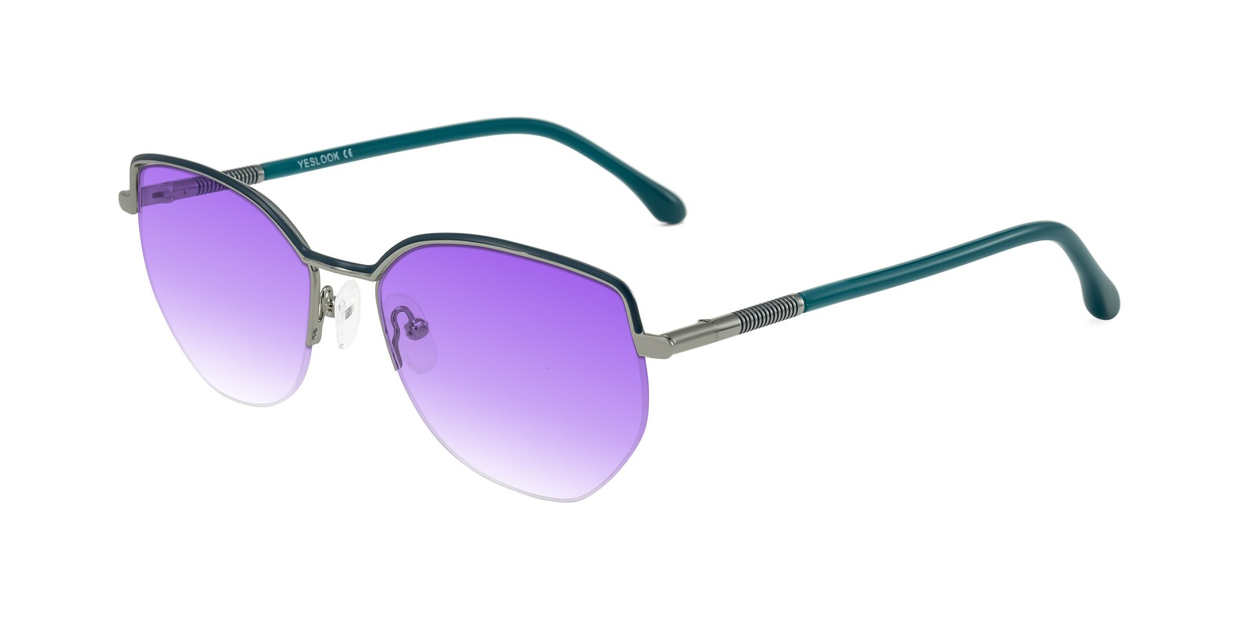 Angle of Heenan in Teal/Silver with Purple Gradient Lenses