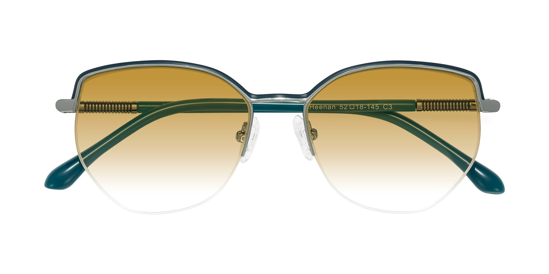 Folded Front of Heenan in Teal/Silver with Champagne Gradient Lenses