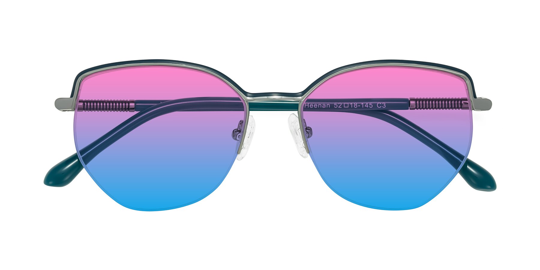 Folded Front of Heenan in Teal/Silver with Pink / Blue Gradient Lenses