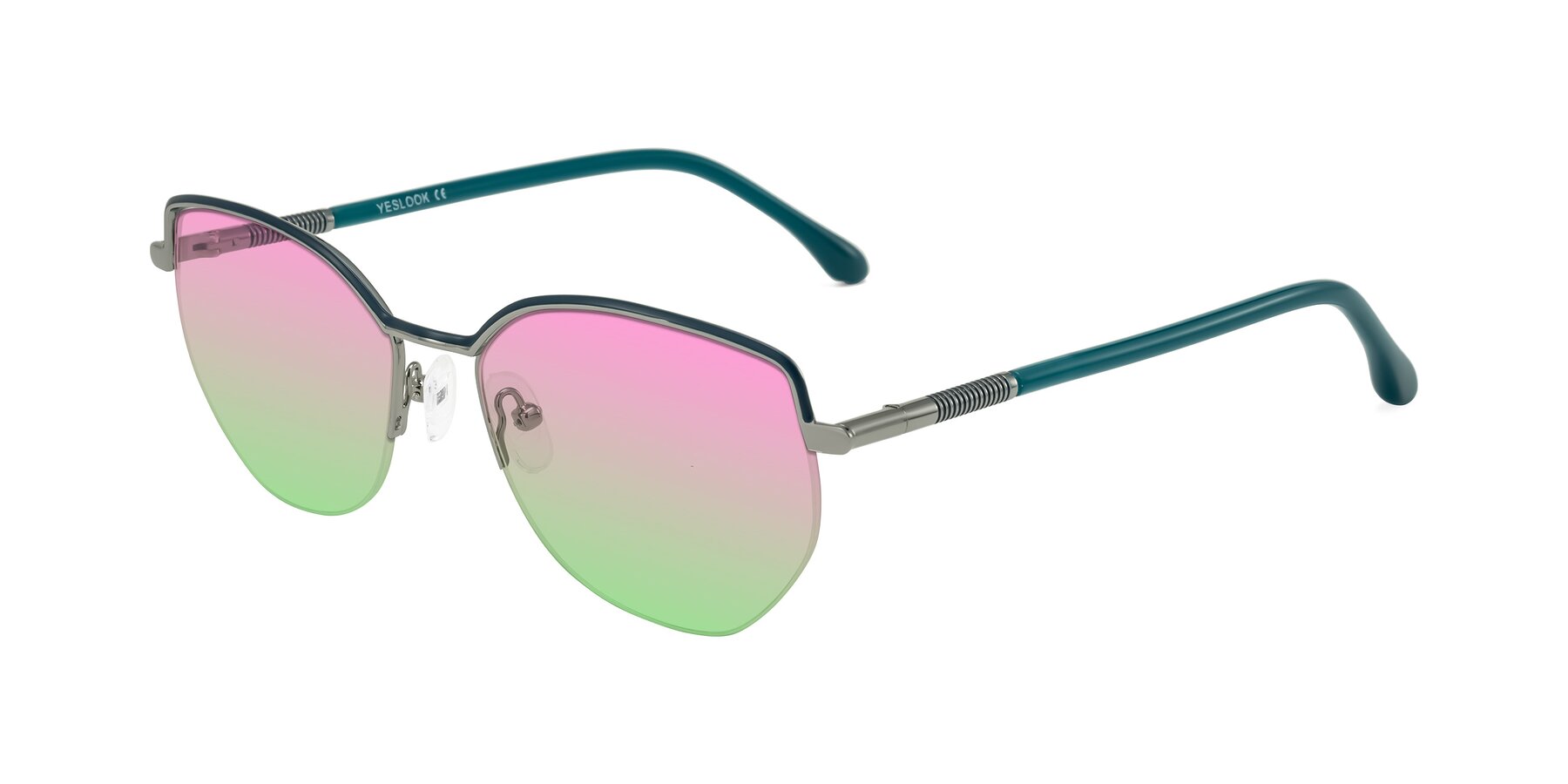 Angle of Heenan in Teal/Silver with Pink / Green Gradient Lenses