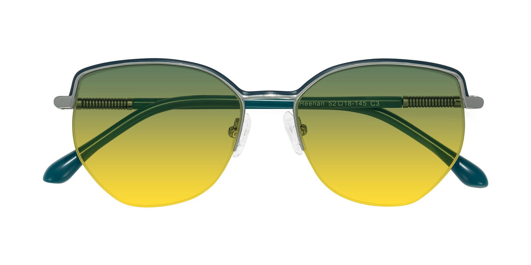 Folded Front of Heenan in Teal/Silver with Green / Yellow Gradient Lenses