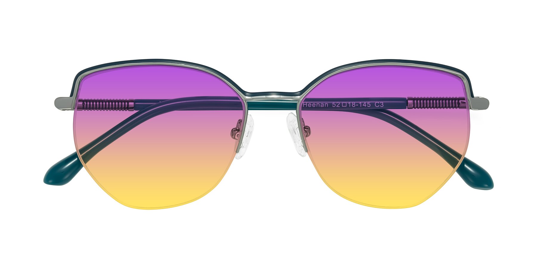 Folded Front of Heenan in Teal/Silver with Purple / Yellow Gradient Lenses