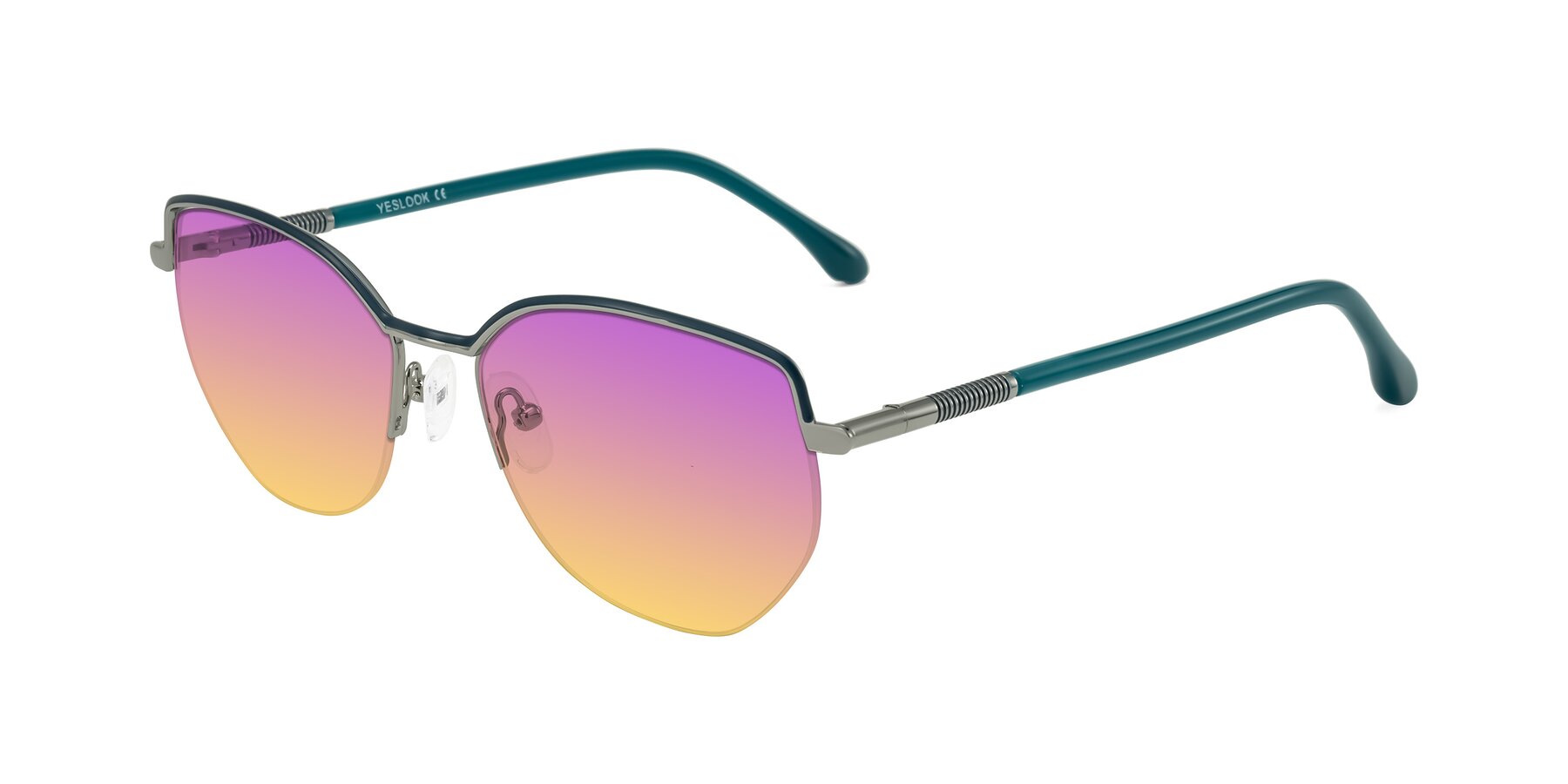 Angle of Heenan in Teal/Silver with Purple / Yellow Gradient Lenses