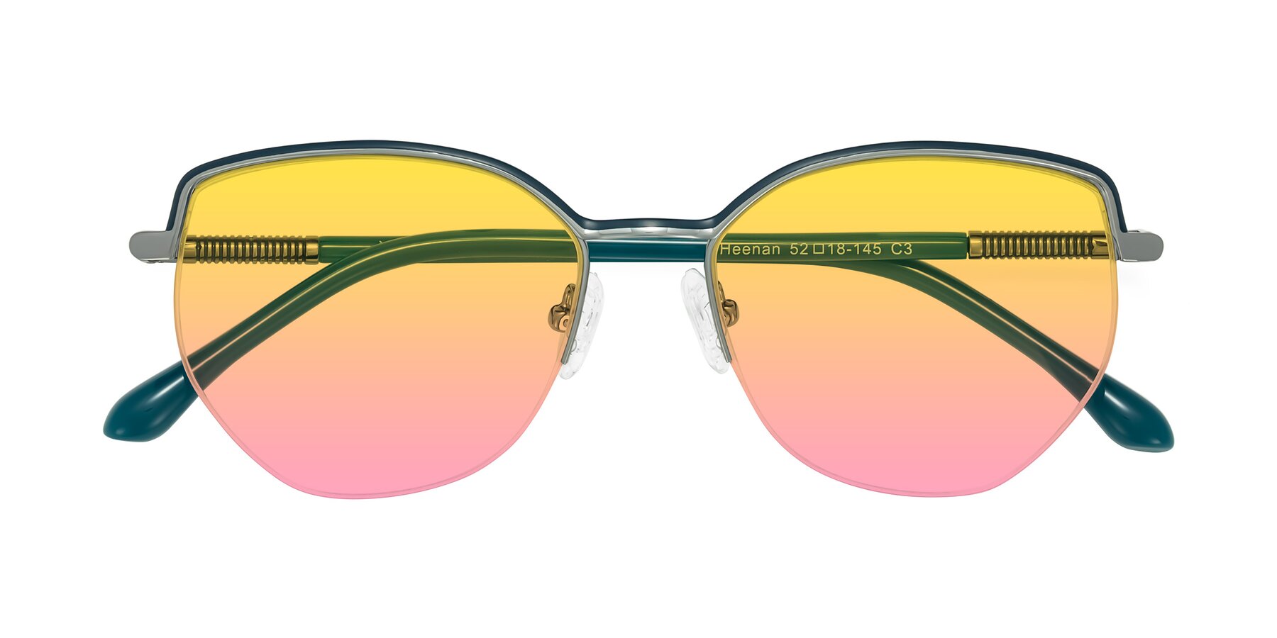 Folded Front of Heenan in Teal/Silver with Yellow / Pink Gradient Lenses