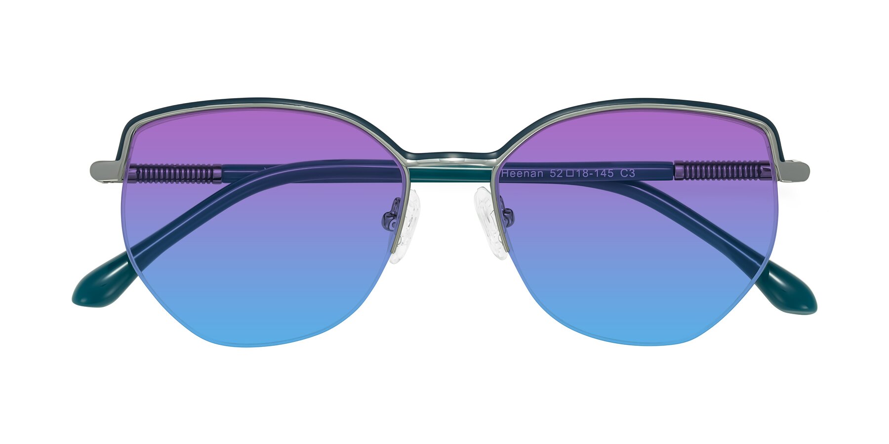 Folded Front of Heenan in Teal/Silver with Purple / Blue Gradient Lenses