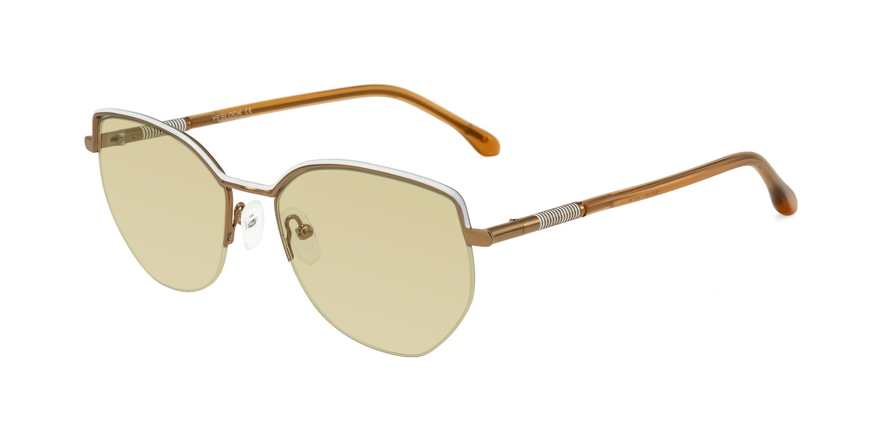 Angle of Heenan in White/Bronze with Light Champagne Tinted Lenses