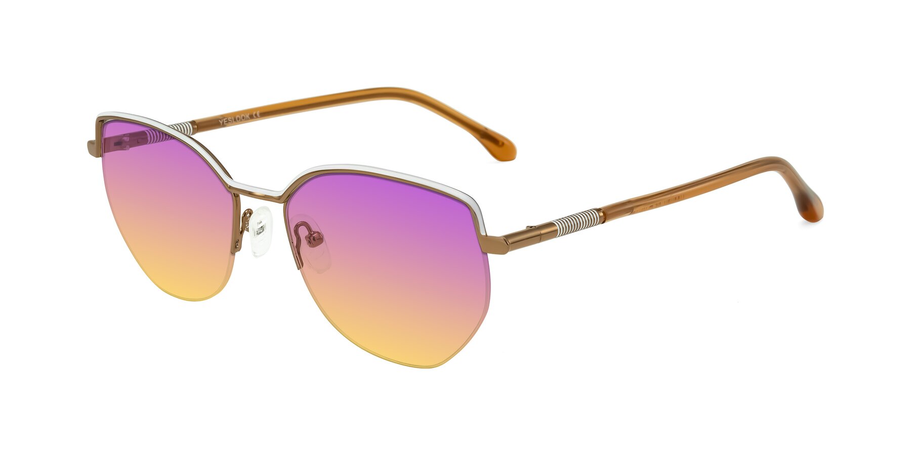 Angle of Heenan in White/Bronze with Purple / Yellow Gradient Lenses