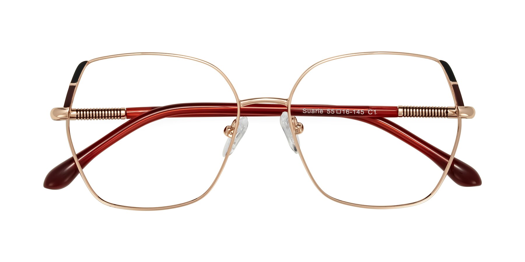 Folded Front of Suarie in Rose Gold/Red with Clear Blue Light Blocking Lenses