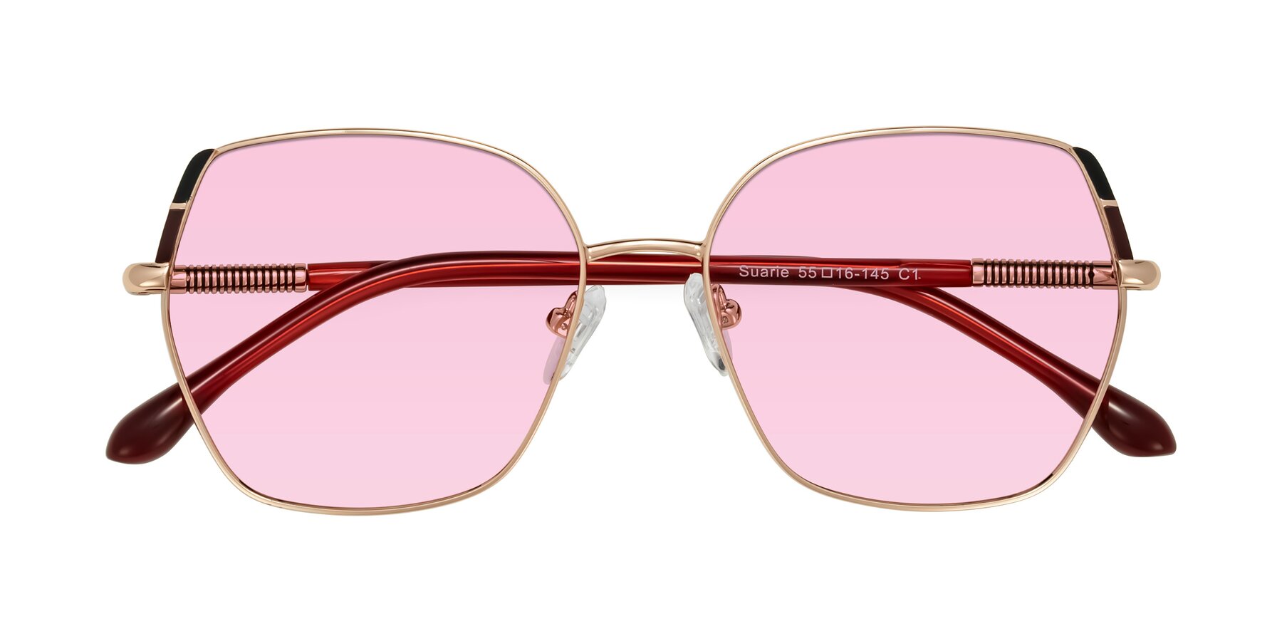 Folded Front of Suarie in Rose Gold/Red with Light Pink Tinted Lenses