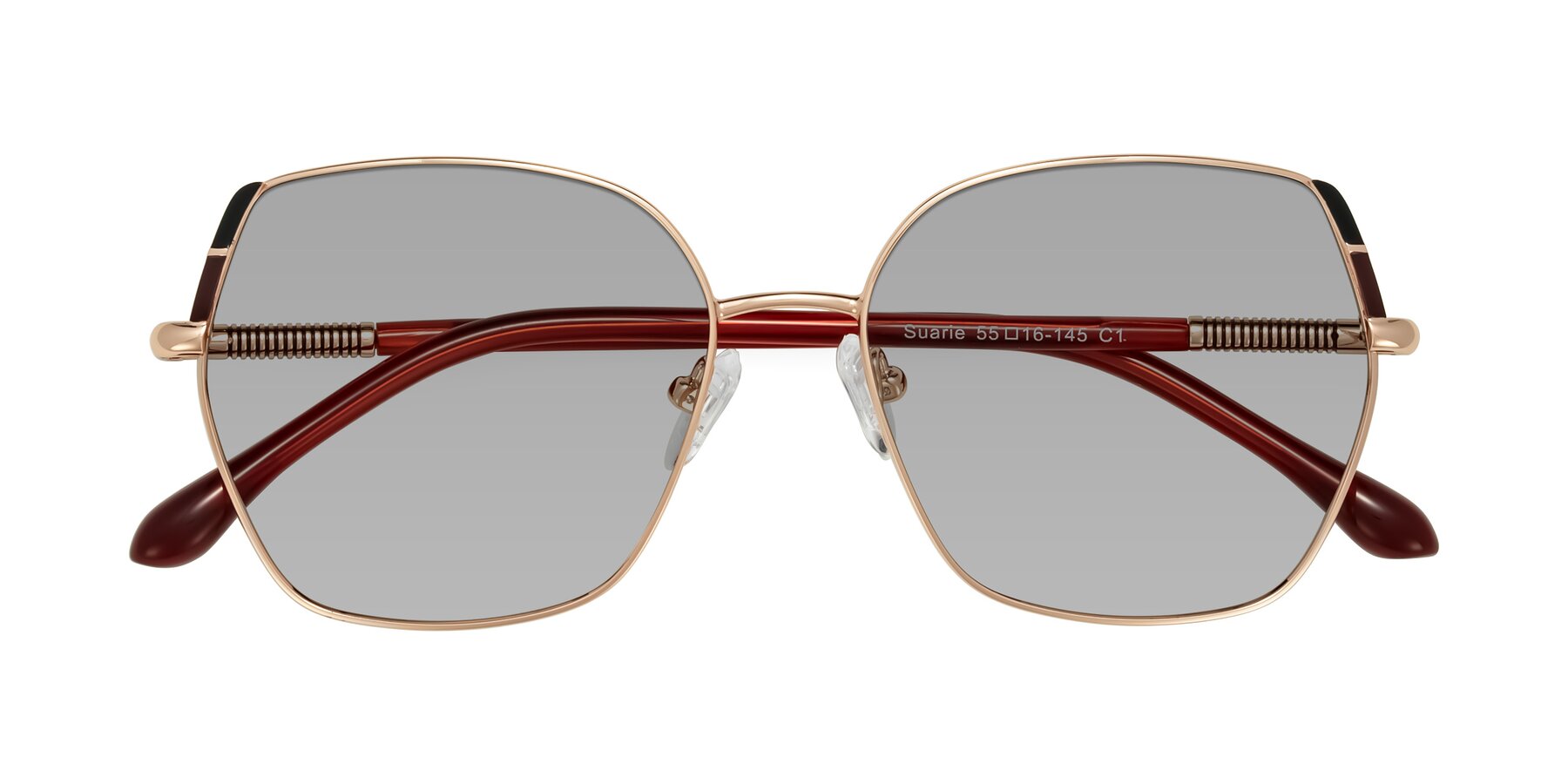 Folded Front of Suarie in Rose Gold/Red with Light Gray Tinted Lenses