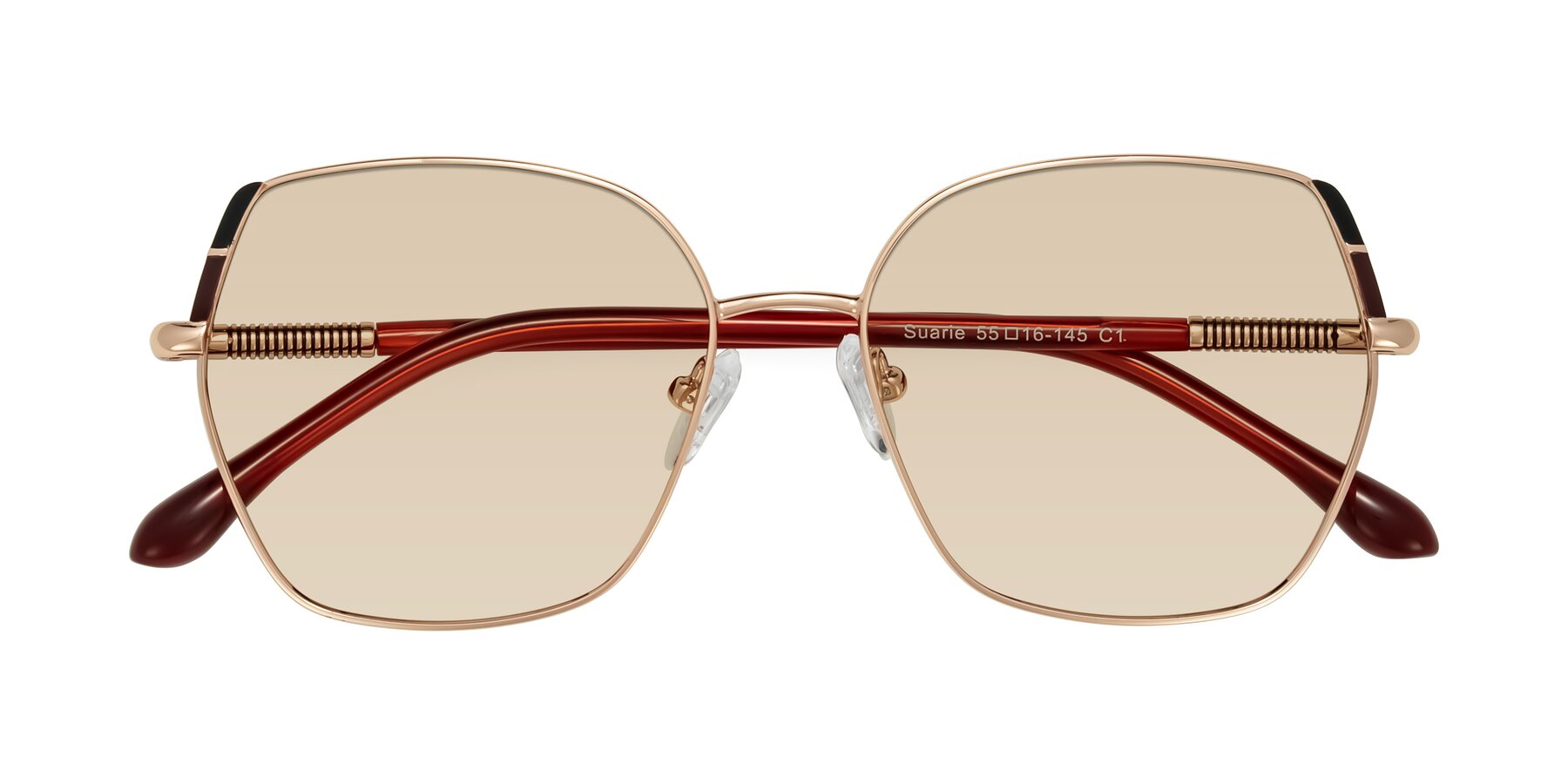 Folded Front of Suarie in Rose Gold/Red with Light Brown Tinted Lenses