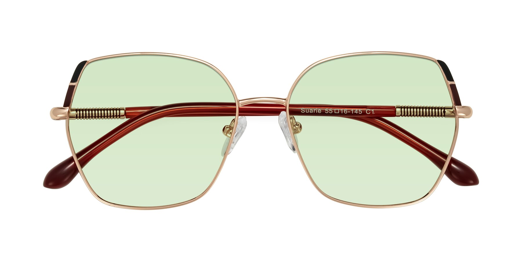 Folded Front of Suarie in Rose Gold/Red with Light Green Tinted Lenses