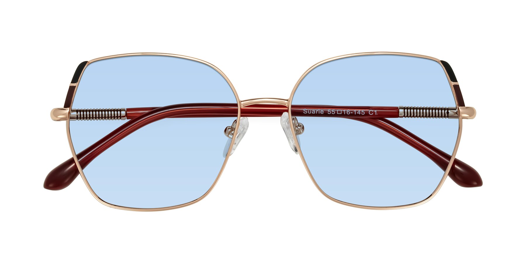 Folded Front of Suarie in Rose Gold/Red with Light Blue Tinted Lenses
