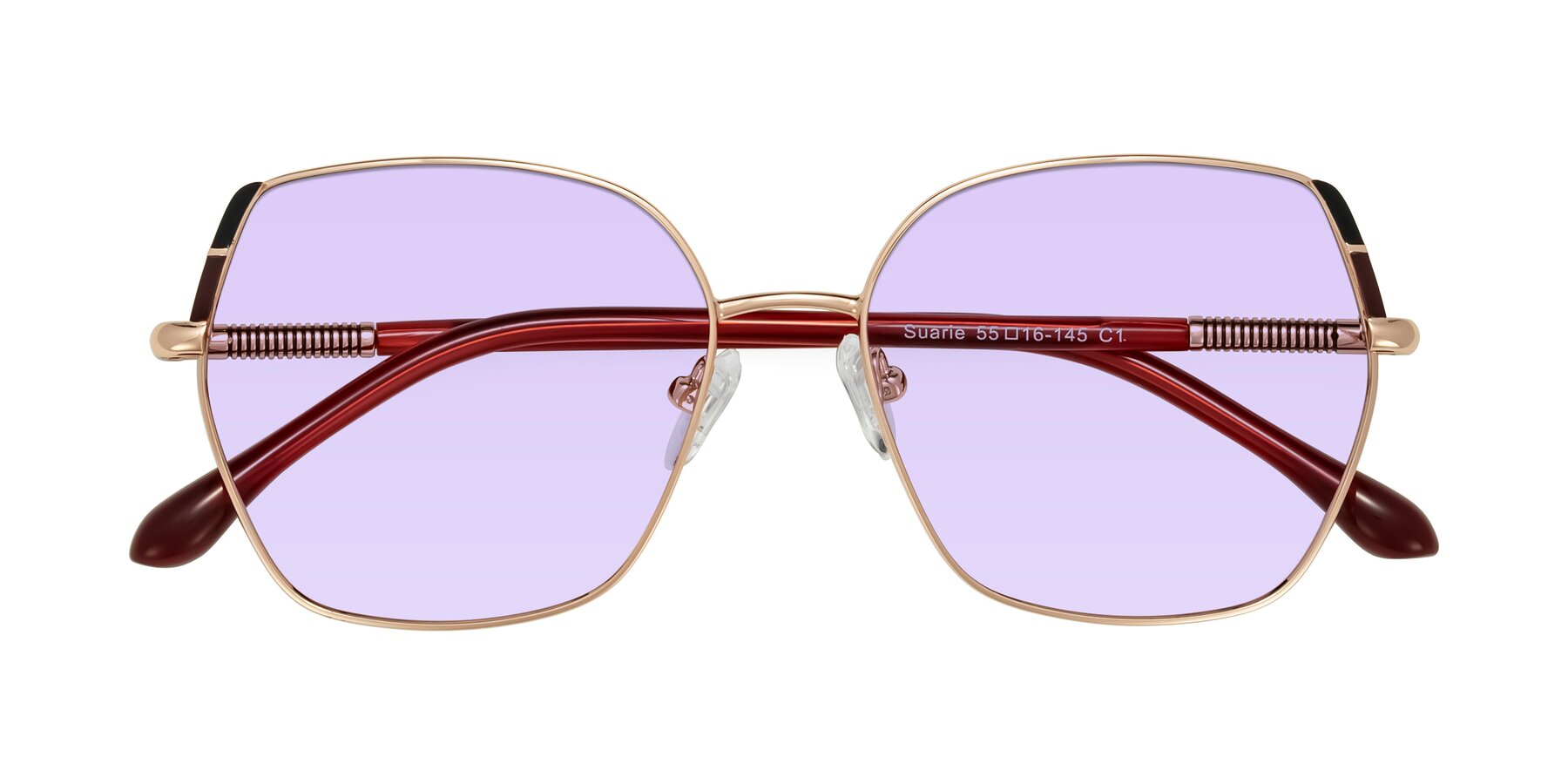 Folded Front of Suarie in Rose Gold/Red with Light Purple Tinted Lenses