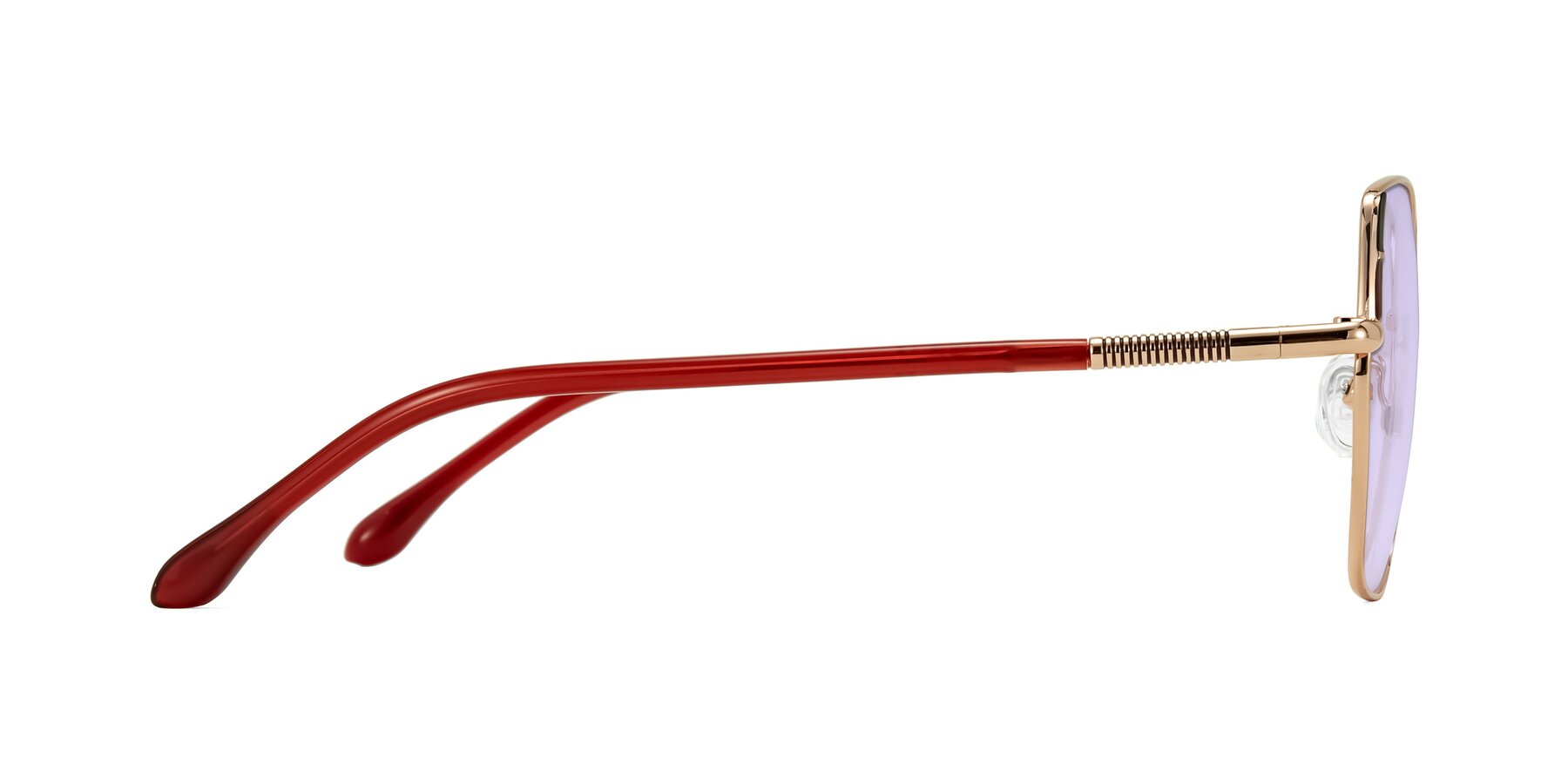 Side of Suarie in Rose Gold/Red with Light Purple Tinted Lenses