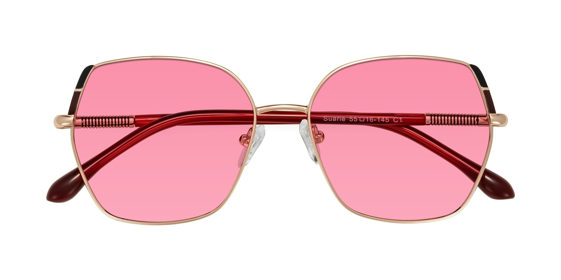 Folded Front of Suarie in Rose Gold/Red with Pink Tinted Lenses