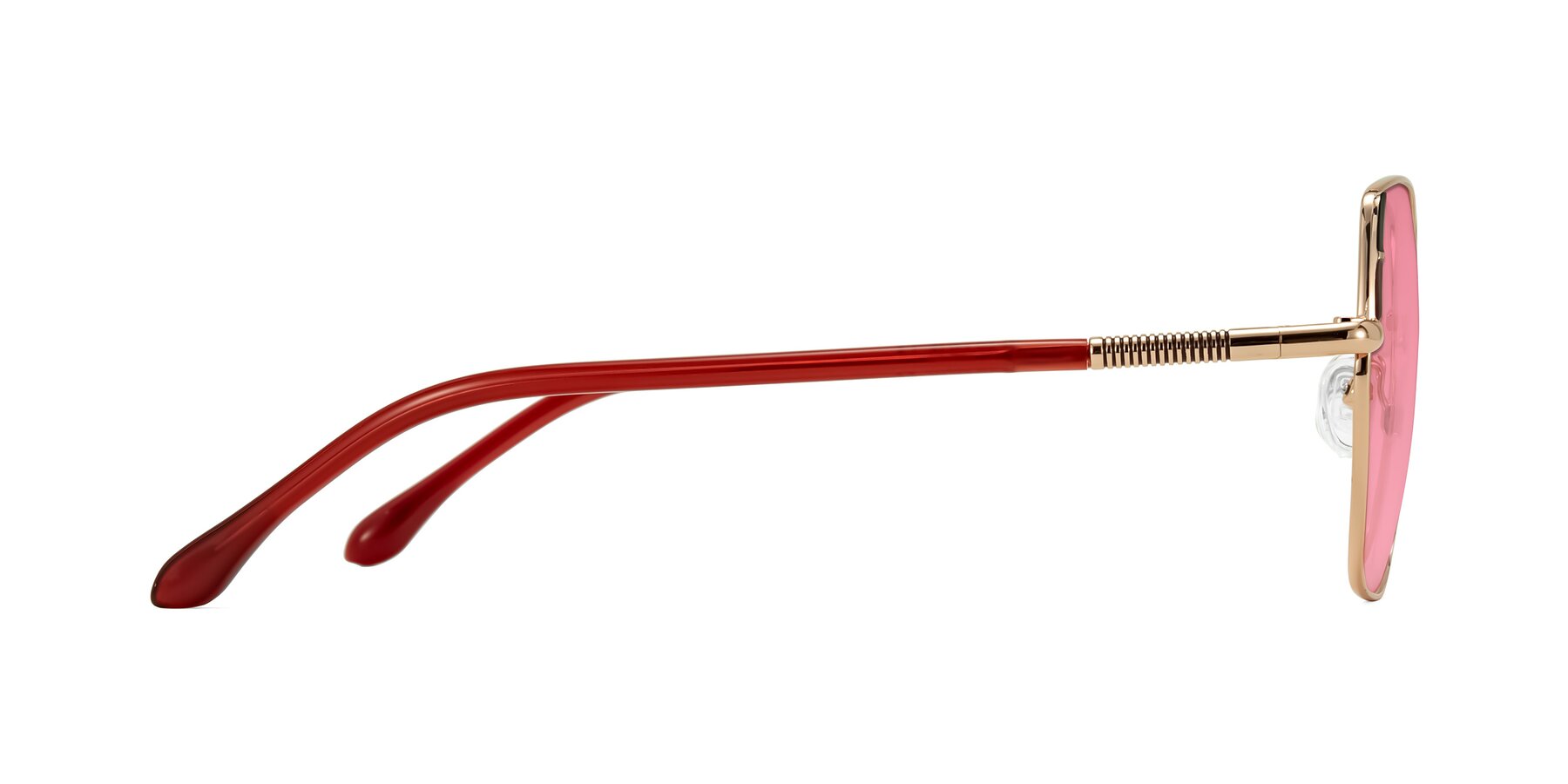 Side of Suarie in Rose Gold/Red with Pink Tinted Lenses