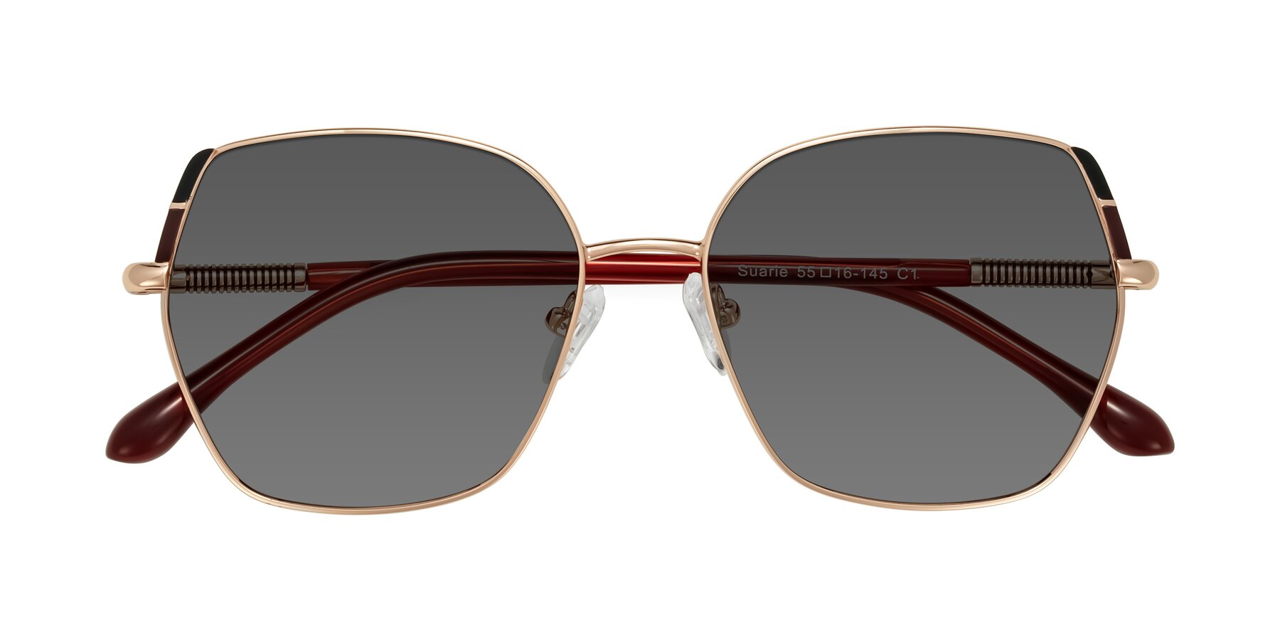 Folded Front of Suarie in Rose Gold/Red with Medium Gray Tinted Lenses
