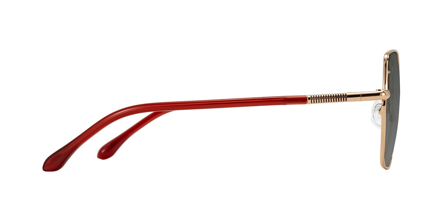 Side of Suarie in Rose Gold/Red with Medium Gray Tinted Lenses