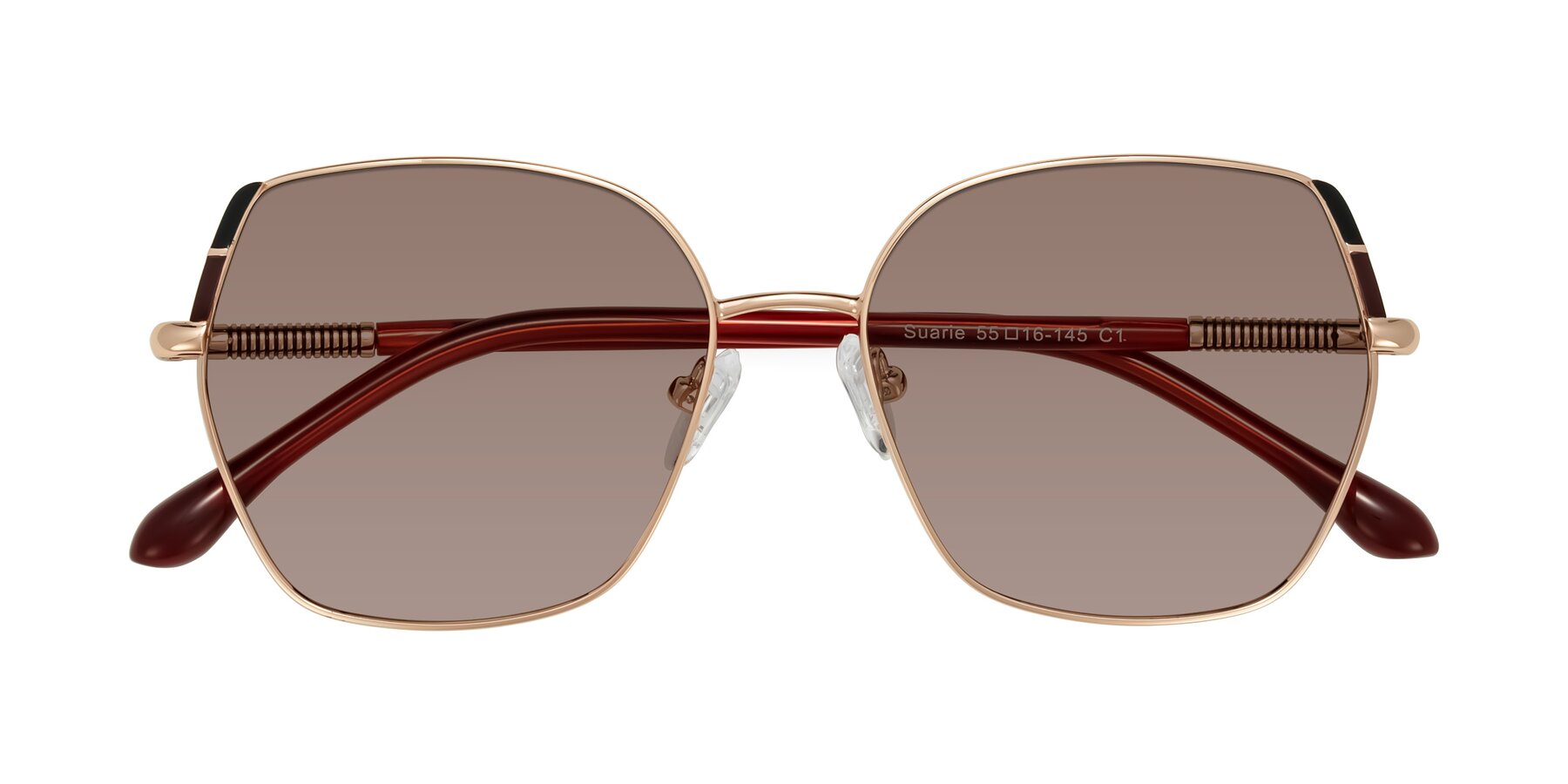 Folded Front of Suarie in Rose Gold/Red with Medium Brown Tinted Lenses