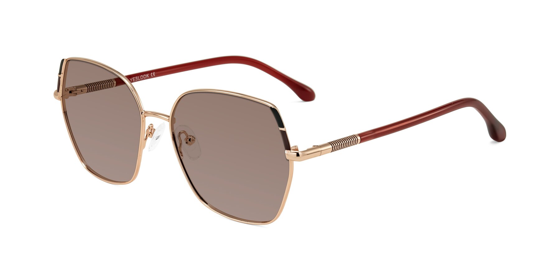 Angle of Suarie in Rose Gold/Red with Medium Brown Tinted Lenses