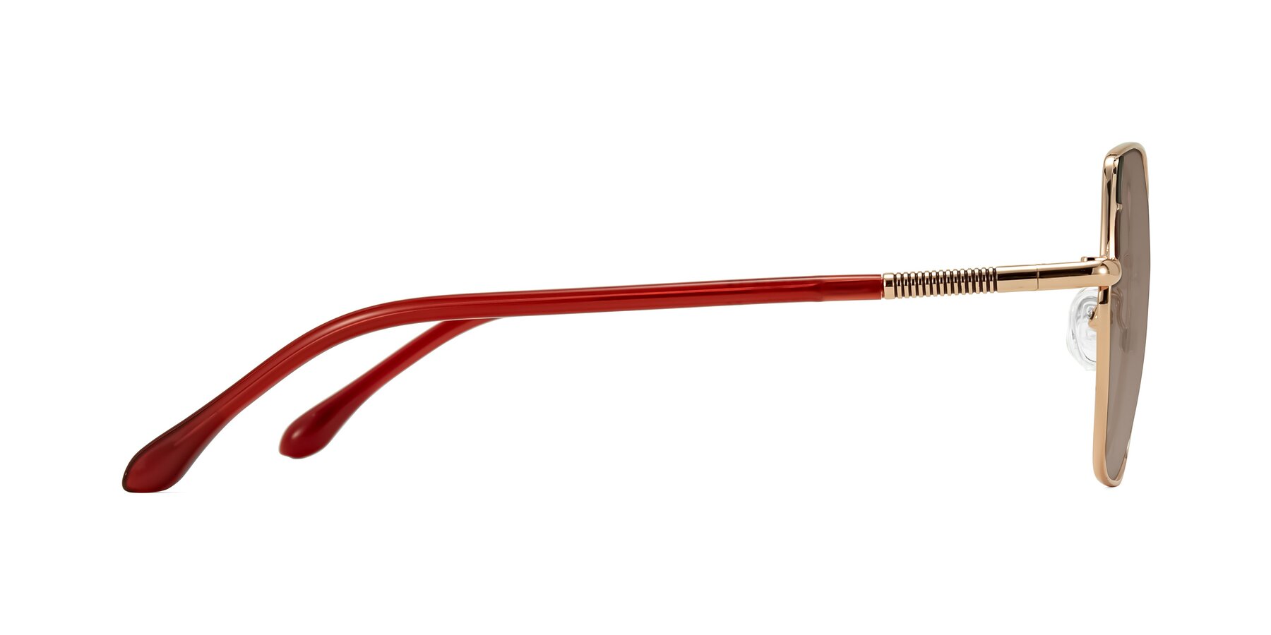 Side of Suarie in Rose Gold/Red with Medium Brown Tinted Lenses